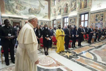 Pope Francis greets participants in a meeting promoted by the International Catholic Legislators Network in the Vatican's Clementine Hall, Aug. 27, 2021